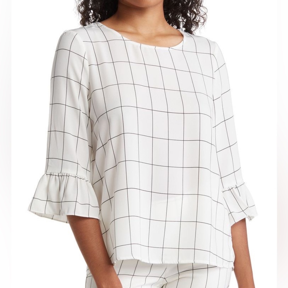Adrianna Papell Windowpane Bell Sleeve Blouse